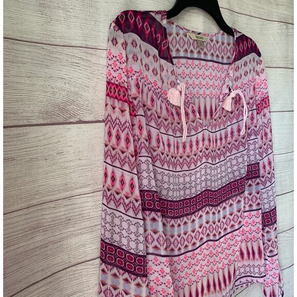 Decree Pink Sheer Geometric Pattern Blouse Swim Cover Up Tie Neck Size M - Picture 12 of 16